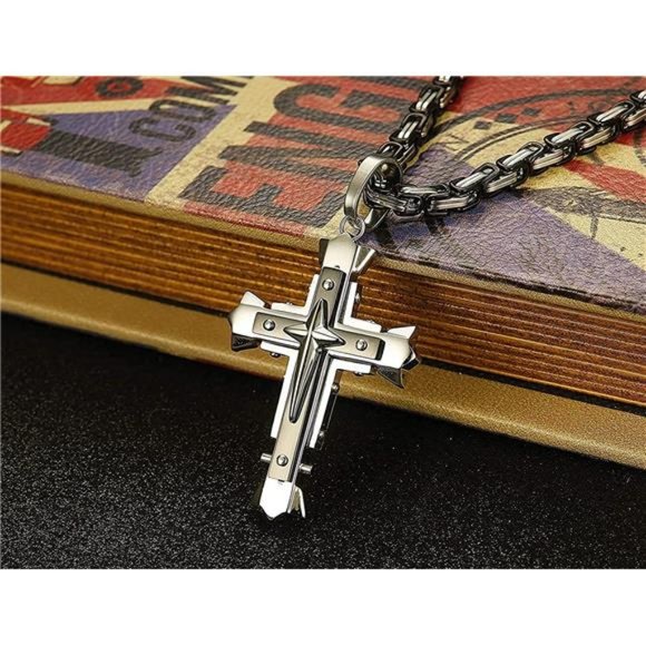 Stainless Steel Cross Pendant Necklace for Men 5MM  Chain Necklace 22-28 Inch - Picture 6 of 7